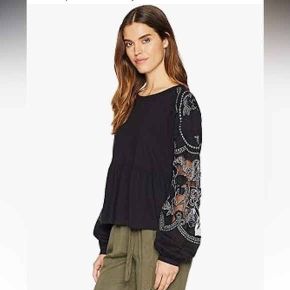 Free People Embroidered Penny Tee black silver peplum flowy...